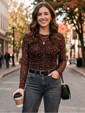 Bailey 44 Brown and Pink Floral Print Long Sleeve Top